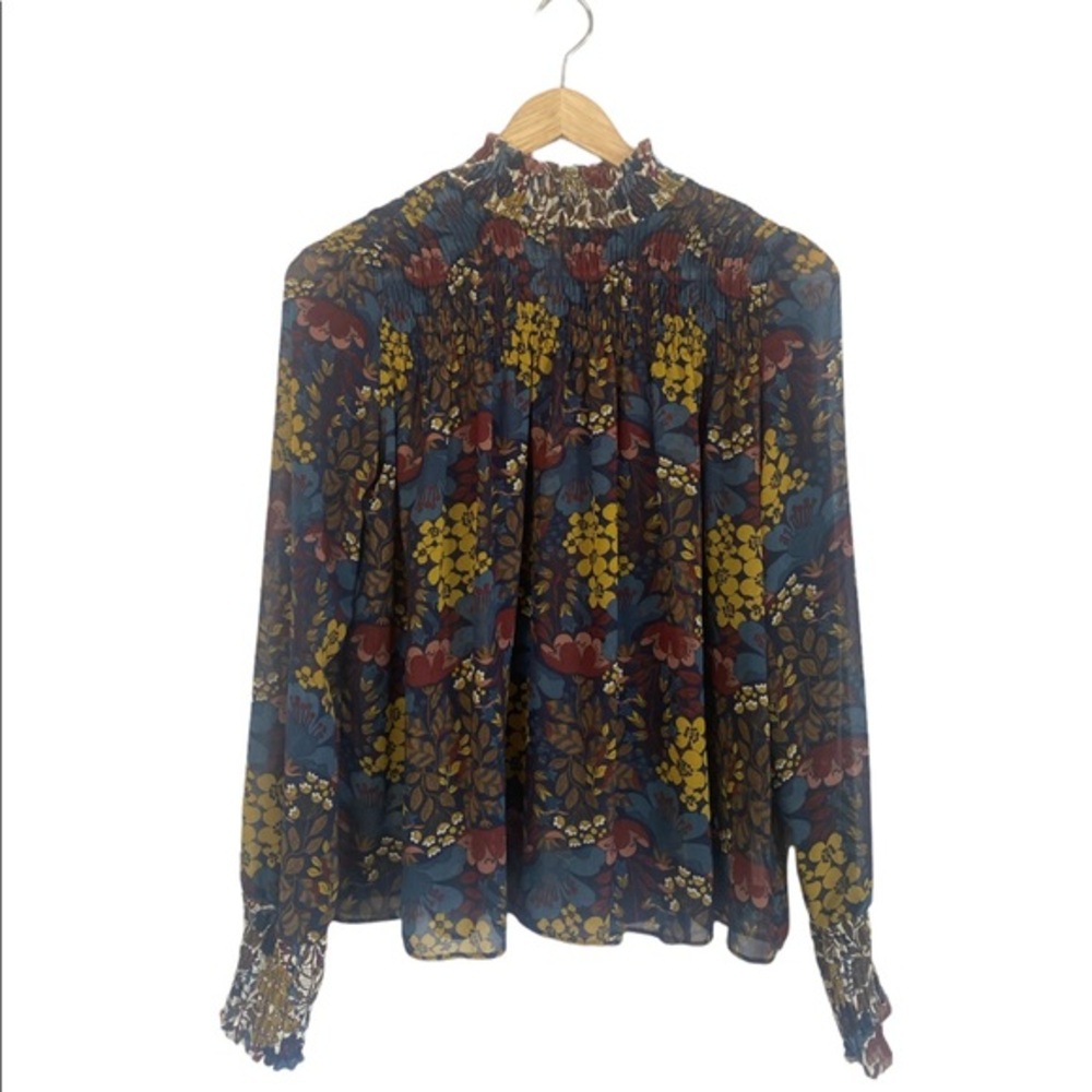 Zara Trafaluc Blouse Long Sleeve Floral Fall colors ruched neck‎ and sleeves XS
